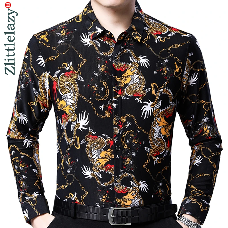 2022 New Long Sleeve Men Social Shirt Spring Streetwear Casual Dragon