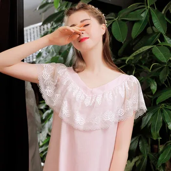 

Lace Sleeveless Pure Cotton Nightgown Female Summer V-neck Cute Sweet Pajamas Sexy Palace Princess Cotton Loose-Fit Short Skirt