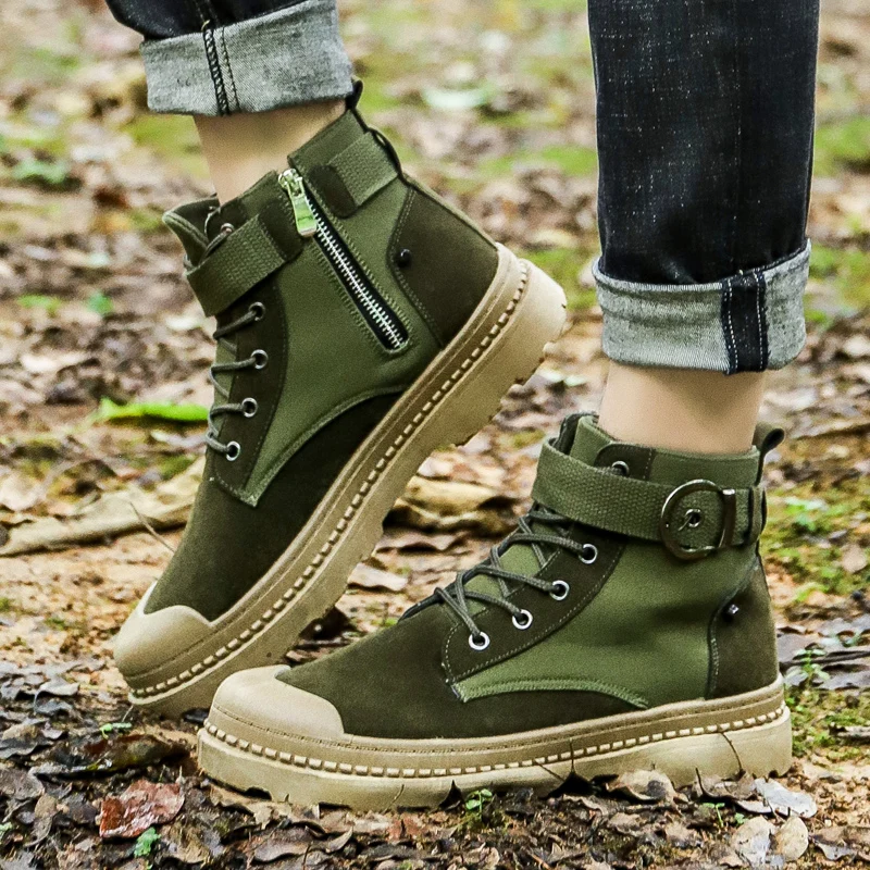 

2019 New Trend Men Youth Casual Shoes Fashion Flats Men Sneakers Army Green Motorcycles Boots High Top Male Casual Canvas Shoe