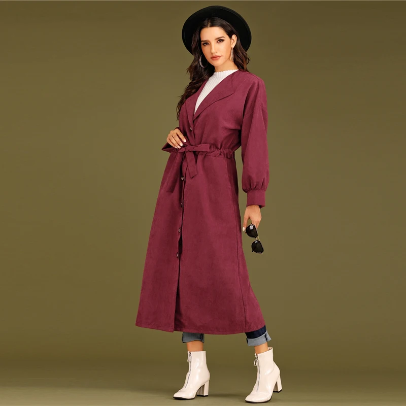 Sheinside, бордовый, элегантный однобортный Тренч на завязках, Женское пальто, осень, с рукавом Бишоп, верхняя одежда, для девушек, на пуговицах, пальто