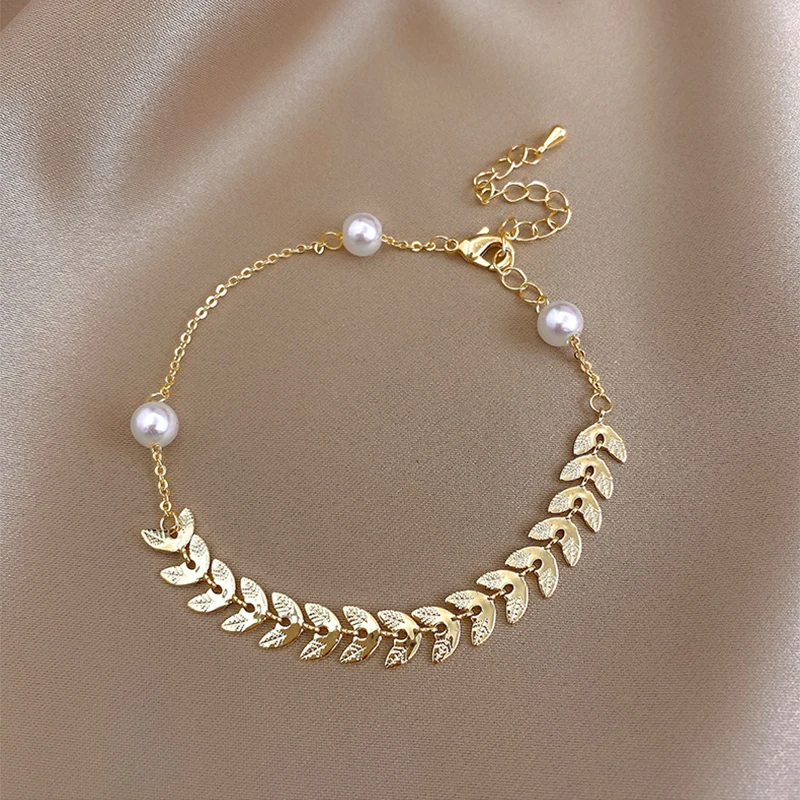 Stainless Steel Gold Leaves Pearl Bracelets For Women Vintage Gift Fashion Jewelry Fashion Bracelet