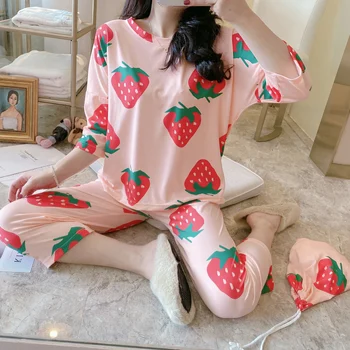 

Big Strawberry Printed Pajamas For Women 2 Pcs Long Sleeve Trousers Pyjama Sets Good Quality Pijama Female Night Sleepwear