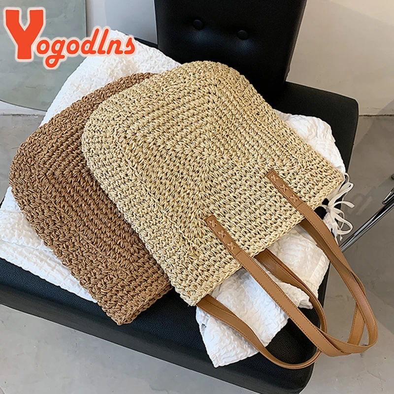 Yogodlns Summer Large Capacity Straw Shoulder Bag Rattan Beach Bags Woven Handle Bag Casual Lady Totes Shopping Handbag Clutch