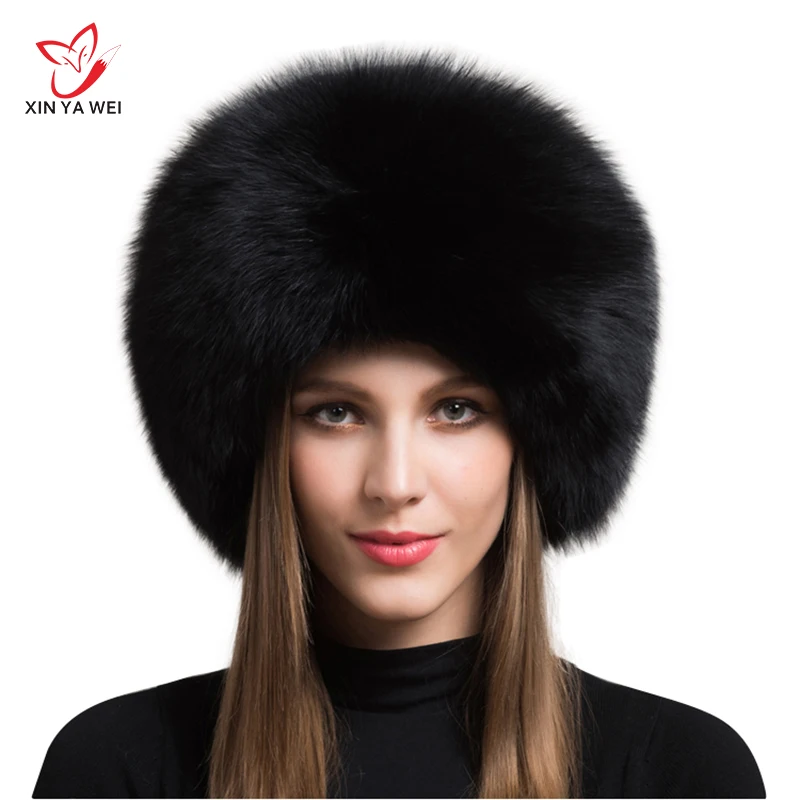black Натуральный мех лисы шапка, женская шапка, толстая меховая шапка, зимняя теплая шапка, женская мода, женская зимняя шапка, головной убор, женские шапки - Цвет: black