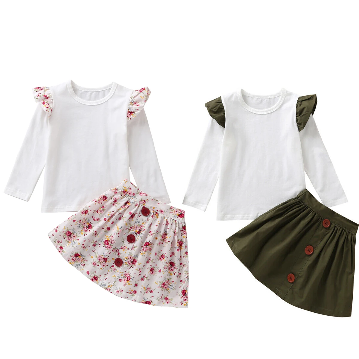 

Toddler Girl Autumn Long Sleeve Clothes Floral Mini Short Skirt Green +Pure Cotton White T Shirts Outfits New Kids 2 Piece Set