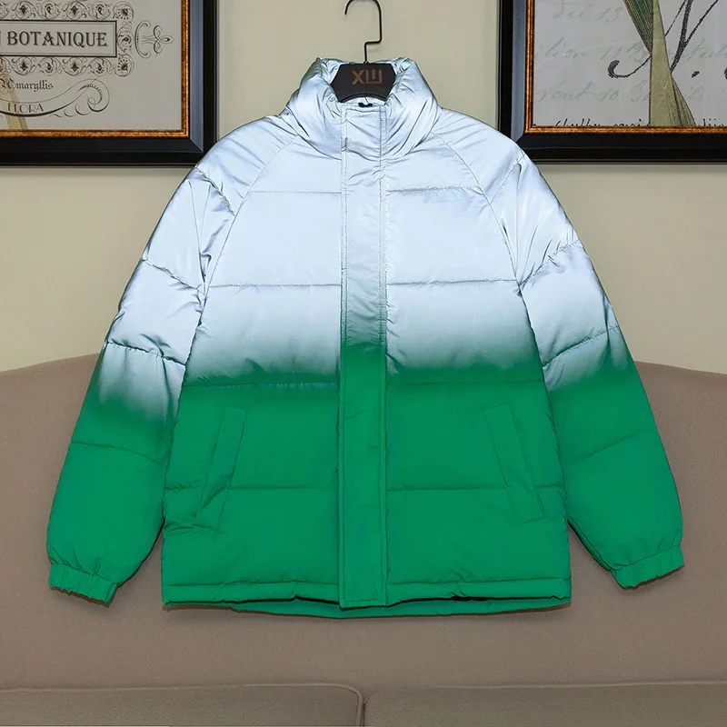 Boxy Puffer Parka Men Gradient Reflective Jacket Streetwear Youth Clothes  Autumn Winter Thicken Warm Coat Hip Hop Style