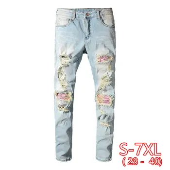 

Men's patchwork bandanna paisley printed biker jeans Light blue holes ripped skinny stretch denim pants Trousers