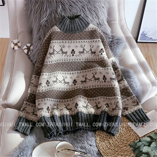 Хаки RUGOD Fashion round neck women knitted sweater Auturm Winter warm printed thicken knitwear female Vintage Christmas sweater - Цвет: Хаки