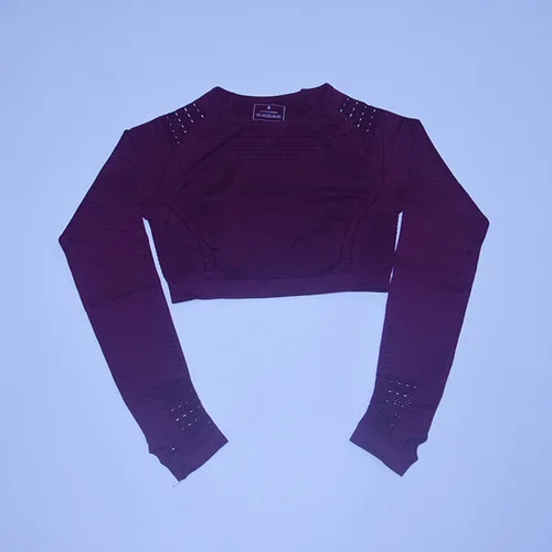 Dark purple top 2 шт. безупречный вязаный бесшовный Набор для йоги Женская одежда для фитнеса с длинным рукавом спортивная одежда леггинсы для спортзала полый укороченный топ спортивный костюм - Цвет: Dark purple top