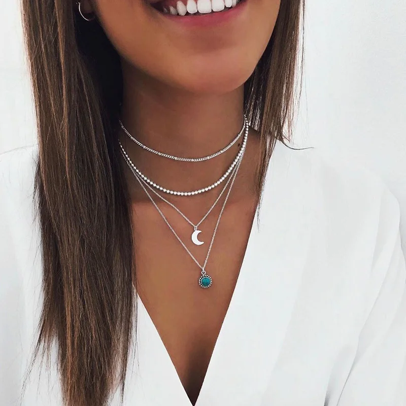 

Bohemia Layered necklace Metal moon Choker Necklace Stone Pendant Necklace