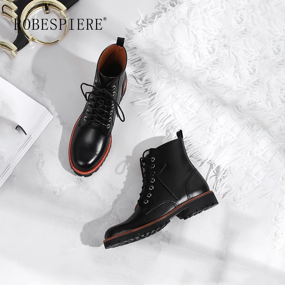 

ROBESPIERE 2019 Round Toe Ankle Boots Women Lace Up Black Platform Casual Shoes Woman Winter Warm Plush Classics Snow Boots B16