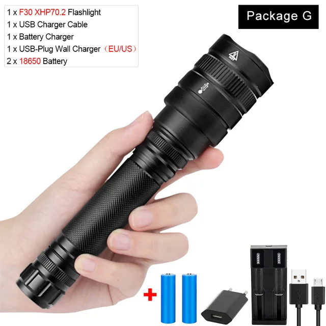 Package G Супер мощный фонарик xhp50.2 ультра яркая лампа usb масштабируемый светодиодный фонарь xhp50 18650 или 26650 лучшая рыбалка кемпинг - Испускаемый цвет: Package G