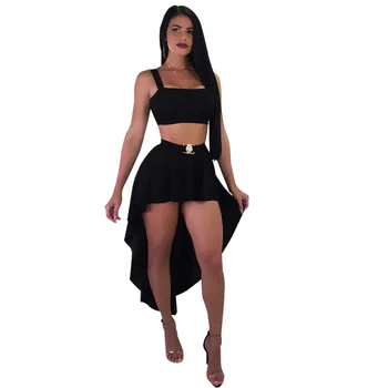 

Sexy 2 piece set women suit Strap crop top skirt set club irregular short front long back tail skirt outfit female two piece set