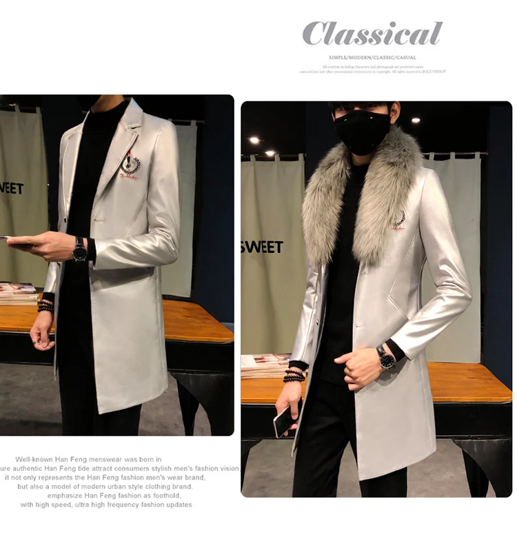 Mens Long Leather Trench Coats Black Long Coat Mens Burgundy Erkek Palto Fur Collar Luxury Gold Long Men