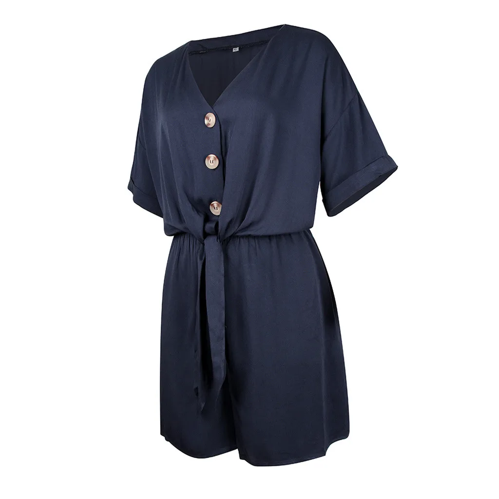 Jaycosin Fashion Summer Women Casual Solid V-Neck Button Wild Stylish Short Sleeve Comfortable Playsuit Casual Short Jumpsuit311