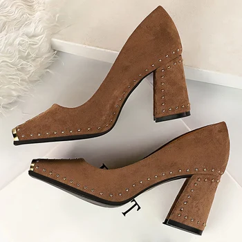 

2020 Women Studded 7.5cm High Heels Lady Scarpins Flock Chunky Rivets Block Low Heels Sexy Square Toe Office Blue Yellow Shoes