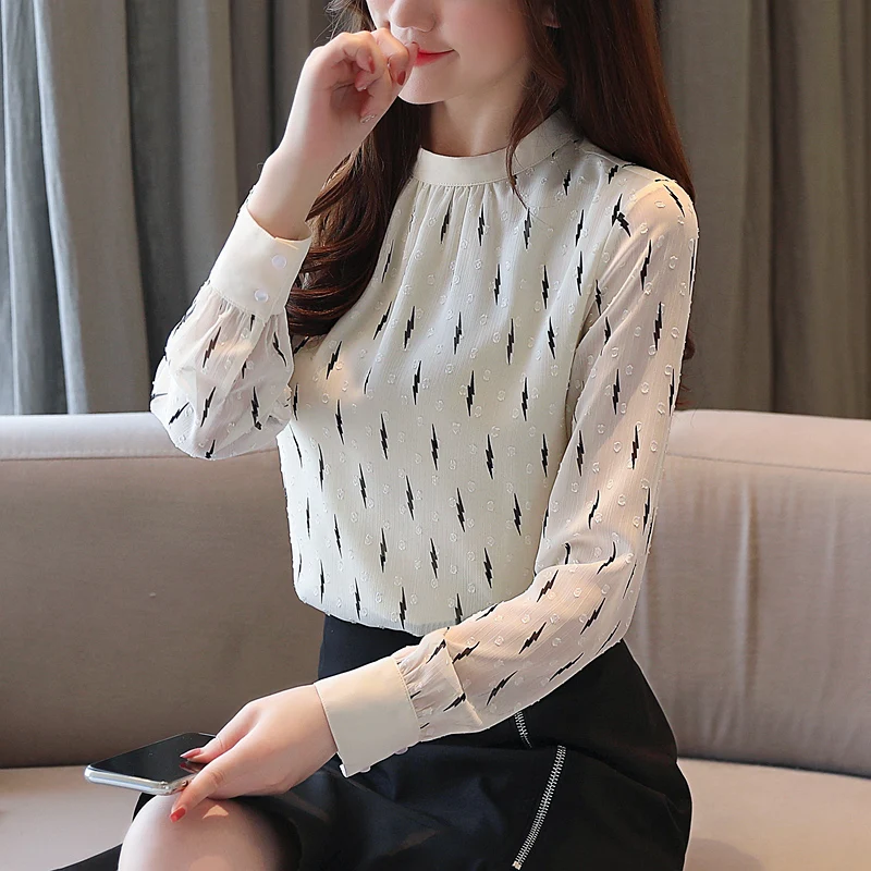 Blusas mujer de moda, длинный рукав, одноцветная белая рубашка для женщин, топы для девушек, топы, блузки из шифона, стоячая женская одежда 6321 50