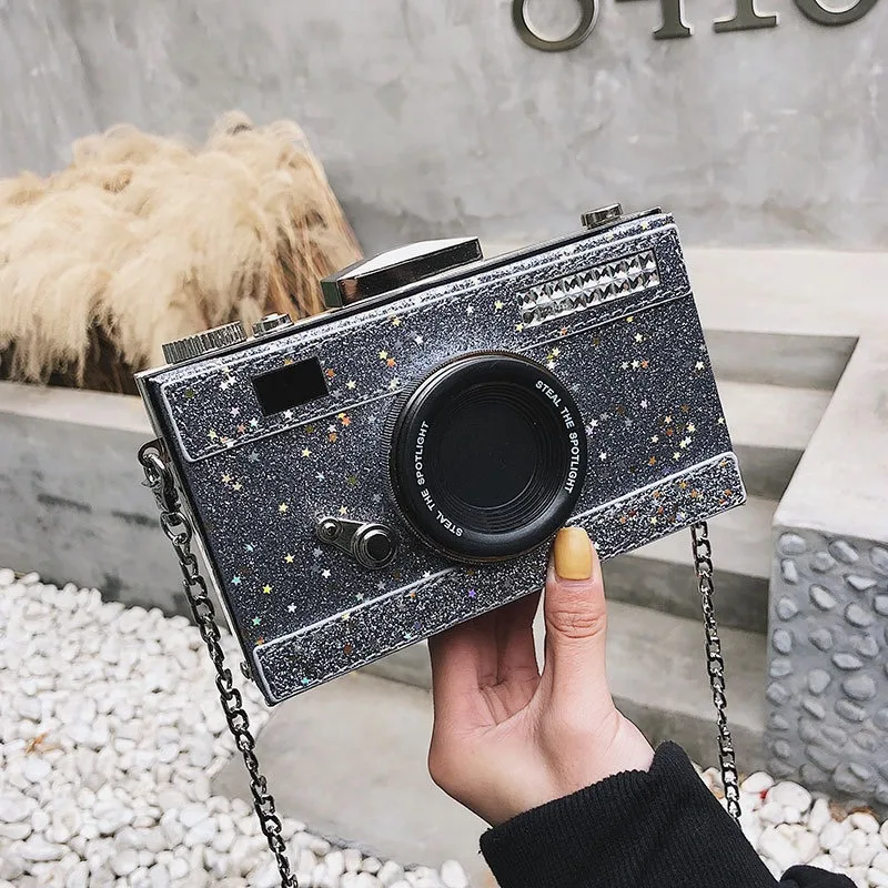 

European and American Retro Camera Bag Sequined One-shoulder Small Square Bag 202 New Lady Diagonal Portable Chain Messenger Bag