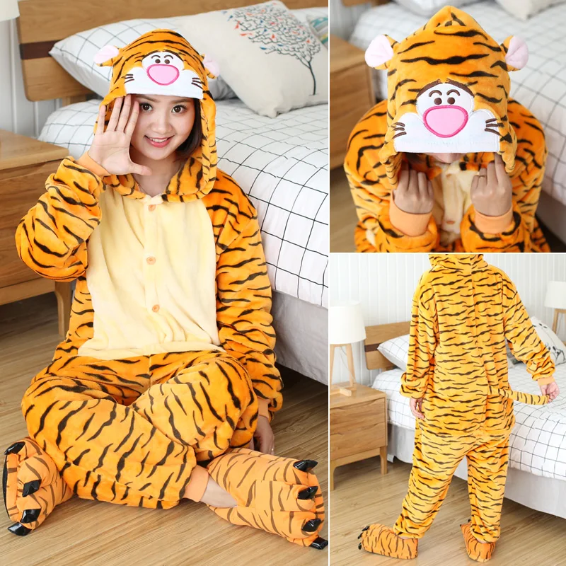 Jumping Tiger FL BIKIRUB, пижамы для взрослых, Женская фланелевая одежда для сна, унисекс, кигуруми, милый единорог, стежок, Мультяшные животные, пижамный комплект, Детская Пижама с капюшоном - Цвет: Jumping Tiger FL