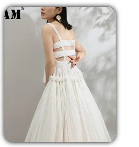 [EAM] 2020 New Spring Autumn V-Neck Long Sleeve Waist Bandage Loose Big Size Temperament Dress Women Fashion Tide JU356