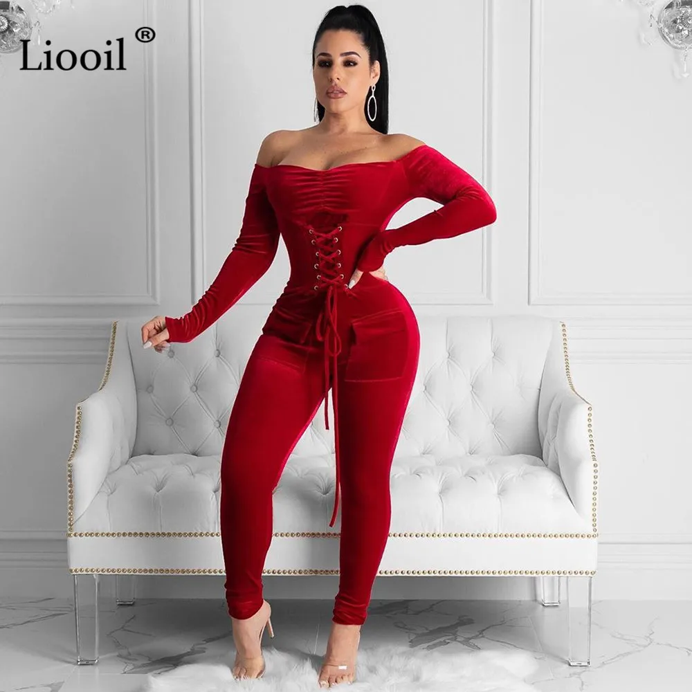 Красный Liooil, сексуальный, с открытыми плечами, бархатный, облегающий, бандажный комбинезон, для женщин, с длинным рукавом, без бретелек, с карманами, обтягивающие, вечерние, комбинезоны, женский комбинезон - Цвет: Красный