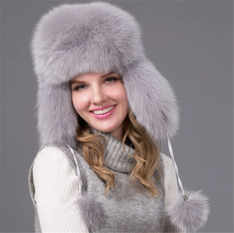 gray Новая модная аутентичная натуральный мех лисы женская зимняя Лыжная Шапка головной убор женская зимняя лиса мех шапка-ушанка - Цвет: gray
