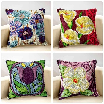 

Flowers Latch Hook Rug Kit 3D Segment Embroidery Pillow Wool Cross Stitch Embroidered Pillow LatchHook Kit Beginner DIY G