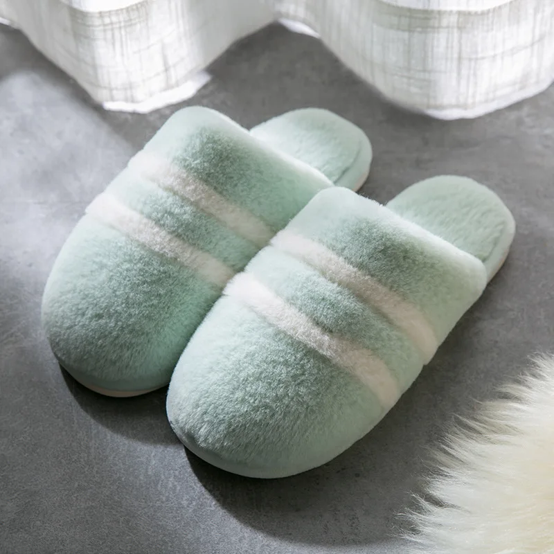 light green Зимняя обувь из искусственного меха женские домашние тапочки теплые плюшевые домашние тапочки с мягкой подошвой для влюбленных женские хлопковые шлепанцы без застежки SH08062 - Color: light green