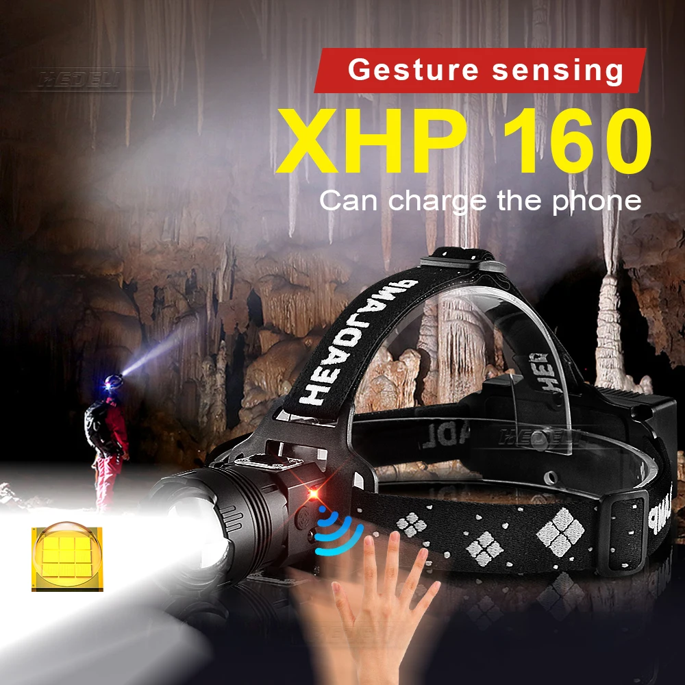 100000 люмен XHP160 высокой мощности светодиодный перезаряжаемый налобный фонарь USB