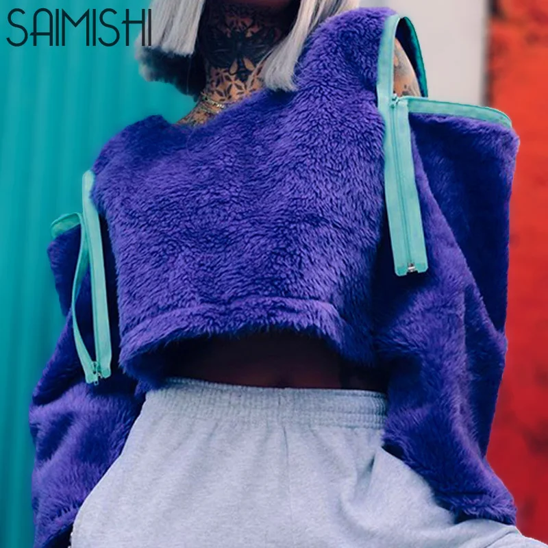 

Saimishi Shoulder with Zipper Short Plush Autumn Winter Jacket Women Coat 2019 Long Sleeve O-neck Sexy Crop Top Ladies Outerwear
