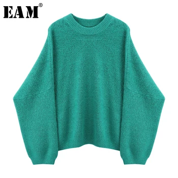 

[EAM] Green Oversized Knitting Sweater Loose Fit Round Neck Long Sleeve Women Pullovers New Fashion Autumn Winter 2020 1X267