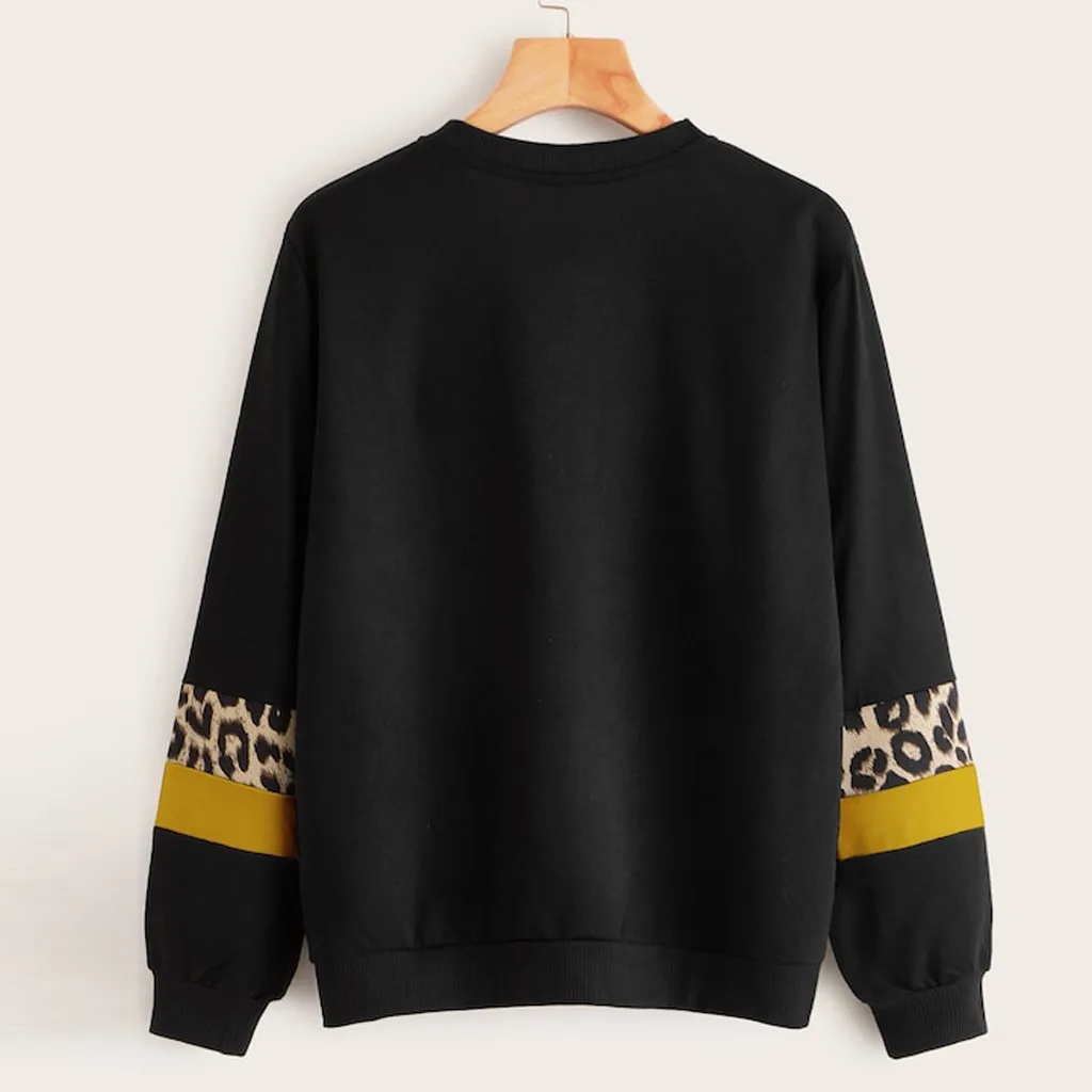 Women Leopard Sweatshirt Print O-Neck Tops Cotton Long Sleeve Patchwork Pullover Sweatshirt Sudadera Mujer Moletom Kawaii Roupas
