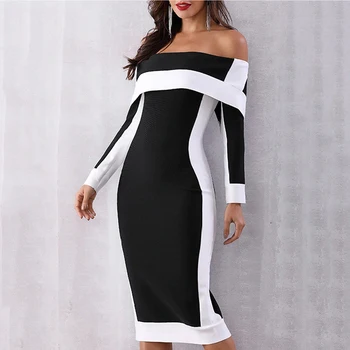 

2020 Female Sexy Slash Neck Off Shoulder Bodycon Dress Women Long Sleeve Patchwork Sheath Midi Dress Vestidos Verano