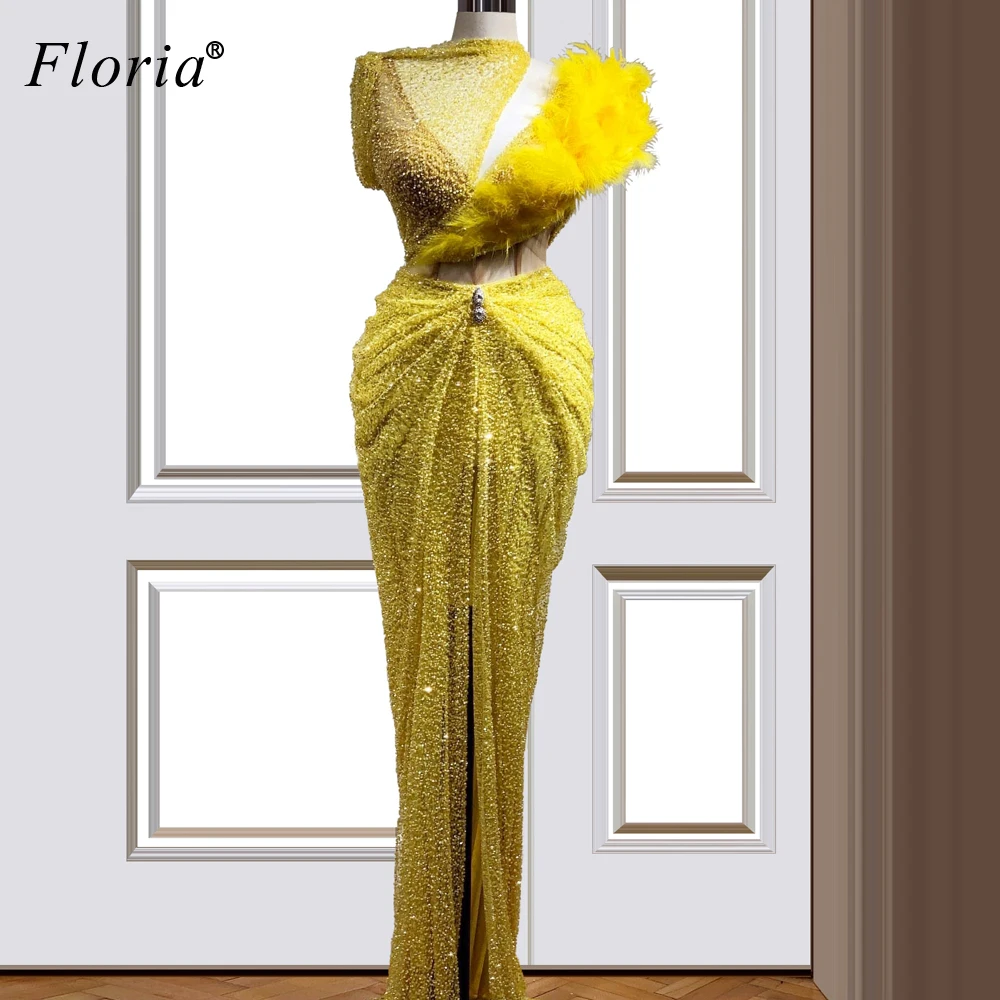 Dubai Yellow Sequins Evening Dresses Long Mermaid Robe De Soiree Arabic Prom Gowns Party Turkish Couture Abendkleider Customize | Свадьбы и