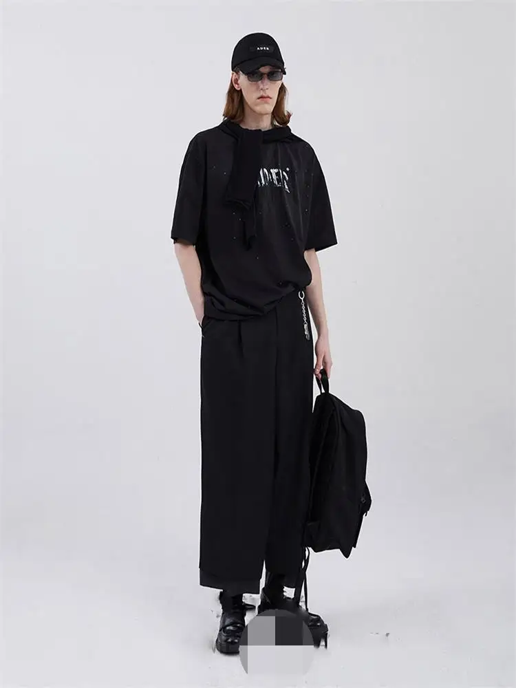 Men's Casual Pants Wide Leg Pants Straight Pants Spring And Autumn New Black Pant Leg Layer Double Stitching Nine Points Design