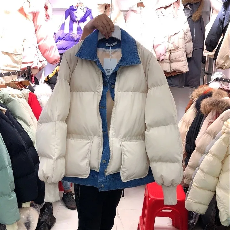 Korobov женские Лоскутные парки с длинными рукавами, джинсовые куртки высокого уличного цвета, модные зимние теплые пальто 79121 - Цвет: begie