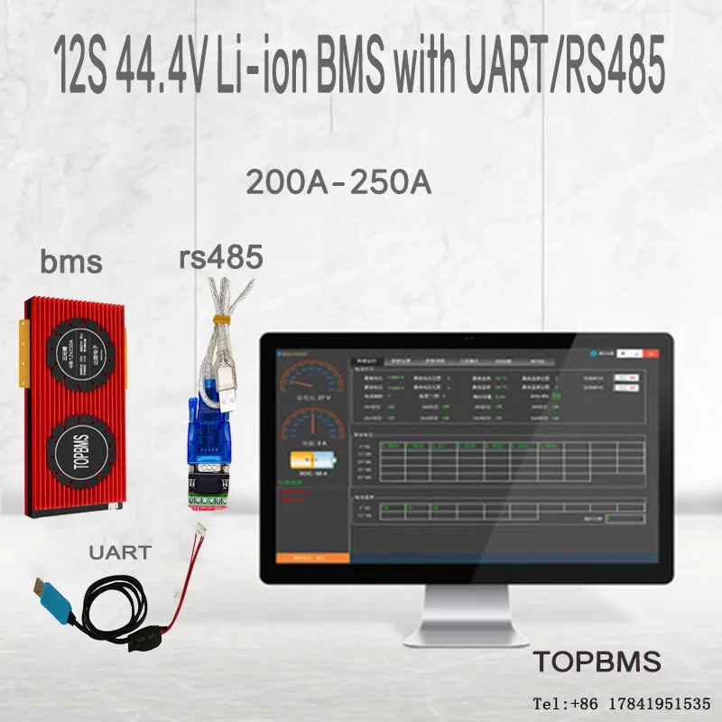 

12S 44.4V Li-ion BMS 200A250A with Bluetooth phone APP RS485 CANbus NTC UART GPS for Li-ion Battery 3.7V connected in 12 series