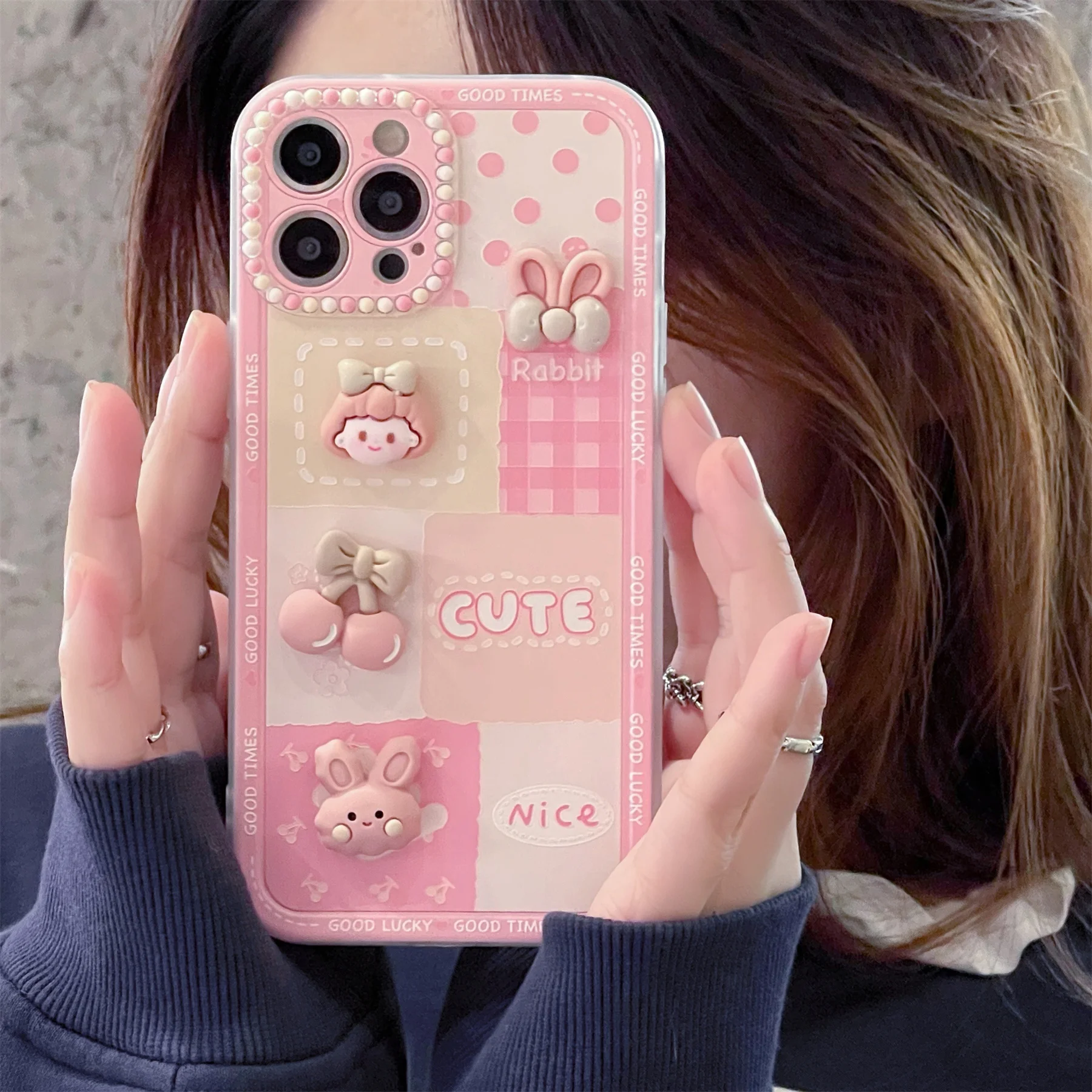 Cute 3D Girl Bunny Rabbit Cherry Bow Pink Phone Case For iPhone 11 12 13 Pro Max X XR XS Kawaii Back Cover |