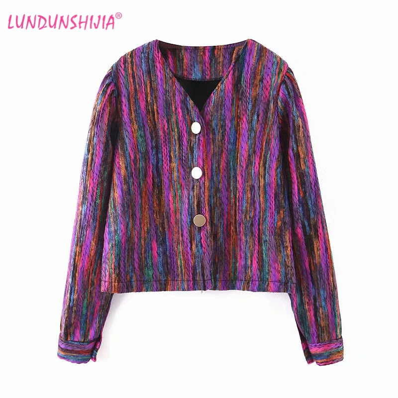 LUNDUNSHIJIA Retro Design Chromatic Rainbow Spell Color Women V-neck Jacket Coat Autumn Fashion Metal Button Outerwear