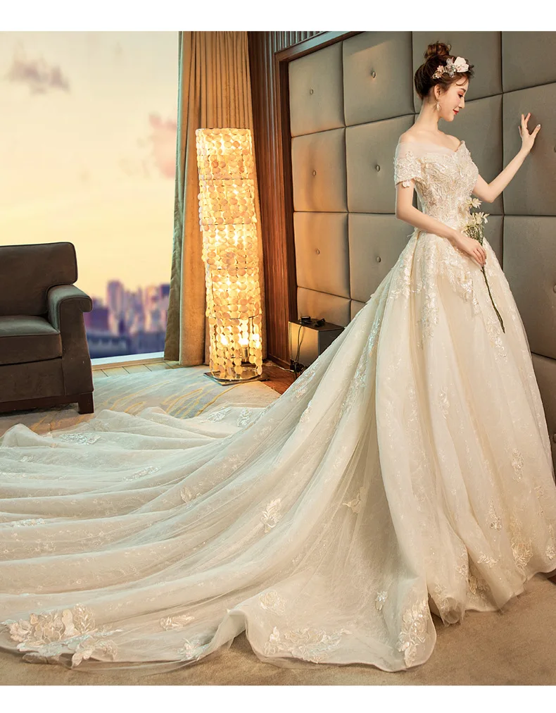 Новое кружевное свадебное платье с длинным шлейфом цвета шампанского и белым шлейфом, винтажное роскошное свадебное платье на одно плечо
