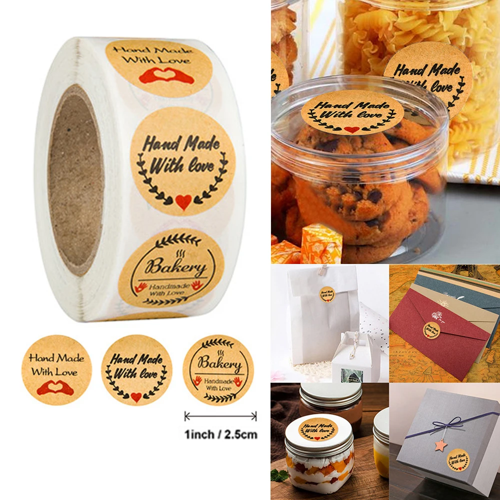 

500pcs 2.5cm Kraft Paper Handmade with Love Stickers Baking Packing Decoration Label Stationery Planner Stickers