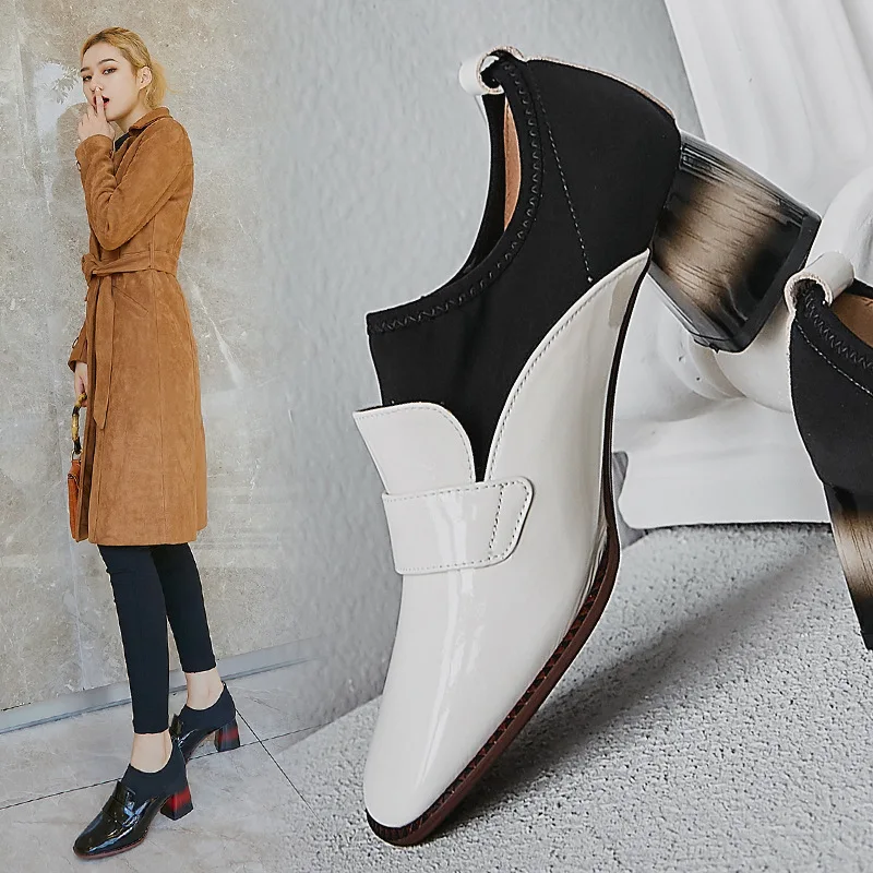 

Mei yi lang New Style 2019 Autumn Chunky Semi-high Heeled Square Head Full-grain Leather Foot Covering Low Top Fashion Shoes Wom