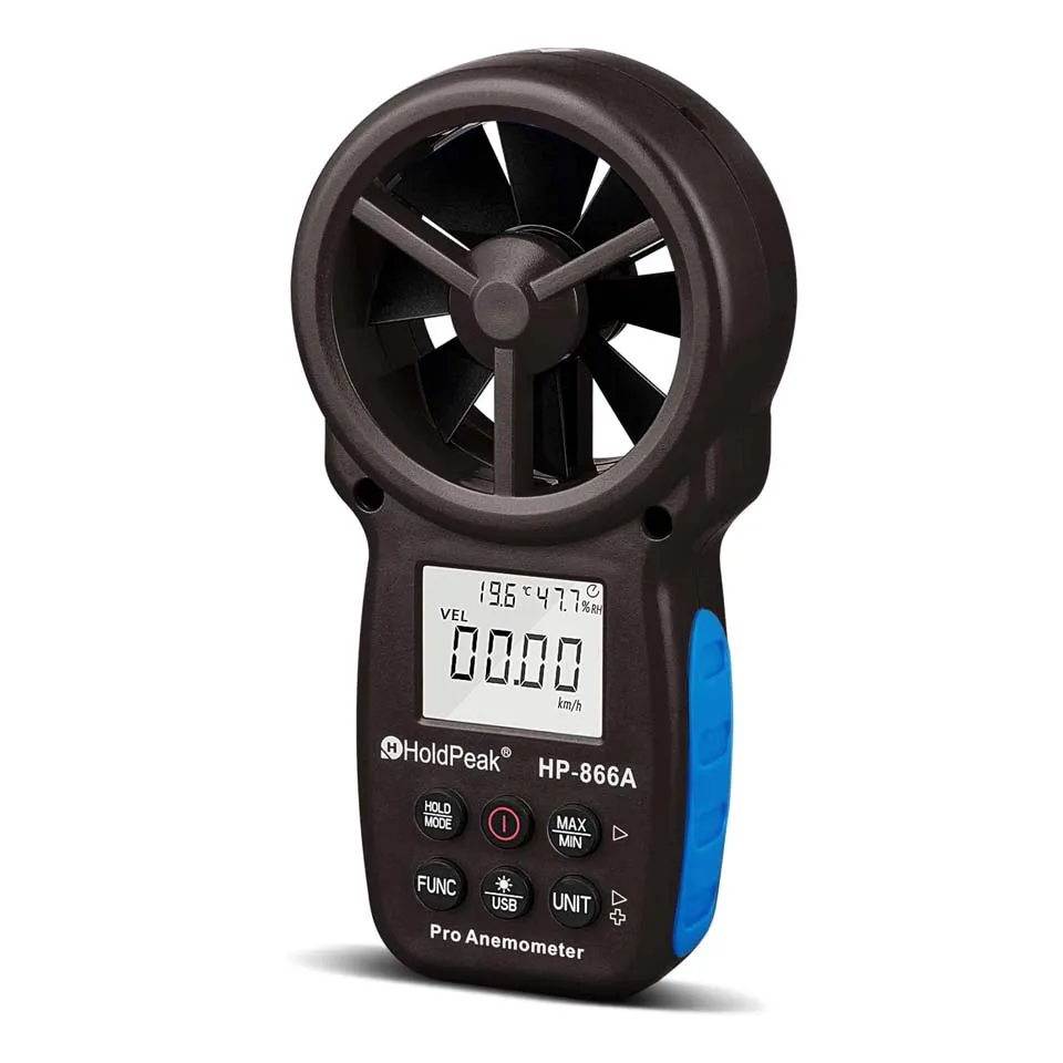 HoldPeak 866A Digital Anemometer-Wind Speed Meter Measures Wind Speed, Temperature, Wind flow with Data Hold & USB