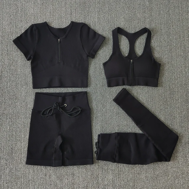 Seamless Women Yoga Set Workout Sportswear Gym Clothing Zipper Long Sleeve High Waist Leggings Fitness Bra Athletic Sports Suits 4PCSBlack