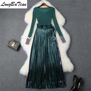 

Winter Full Sleeve Pullover Velvet Wide-leg Side Sequins 2 Piece Women Elegant Black Patry Pants Set