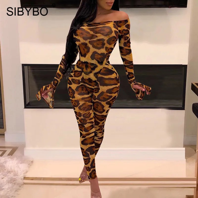 

SIBYBO Leopard Print Sexy Two Piece Set Bodysuit Women Flare Sleeve Off Shoulder Autumn Women Rompers Backless Casual Jumpsuit