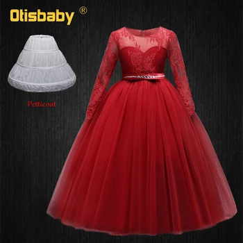 

Kids Pageant Evening Gowns Children Lace Diamond Ball Gown Girls Mesh Flower Dress Long Sleeve Flower Girl Dress for Weddings