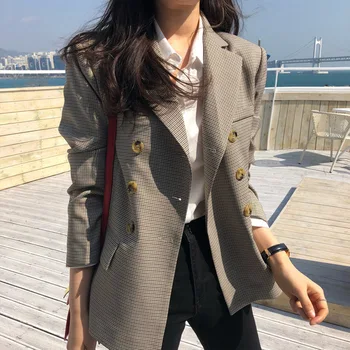 

Vintage Elegant Double Breasted Office Ladies Plaid Blazer Long Sleeve Loose Houndstooth Suit Coat Jacket Women blazers 2019