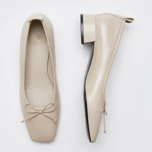 

Jenny&Dave Casual Sandals Women England Style Office Lady Fashion Bow Simple Solid Genuine Leather Square Heel Sandals Shoes