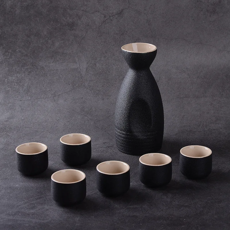 Japanese Ceramic Sake Pot Cup Set Black Stoneware Wine Bottle Wine Bottle Cup 7 Pieces/Set ceramic sake set